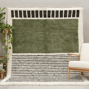 Olive Green Moroccan Wool Rug – Ivory & Black Stripes