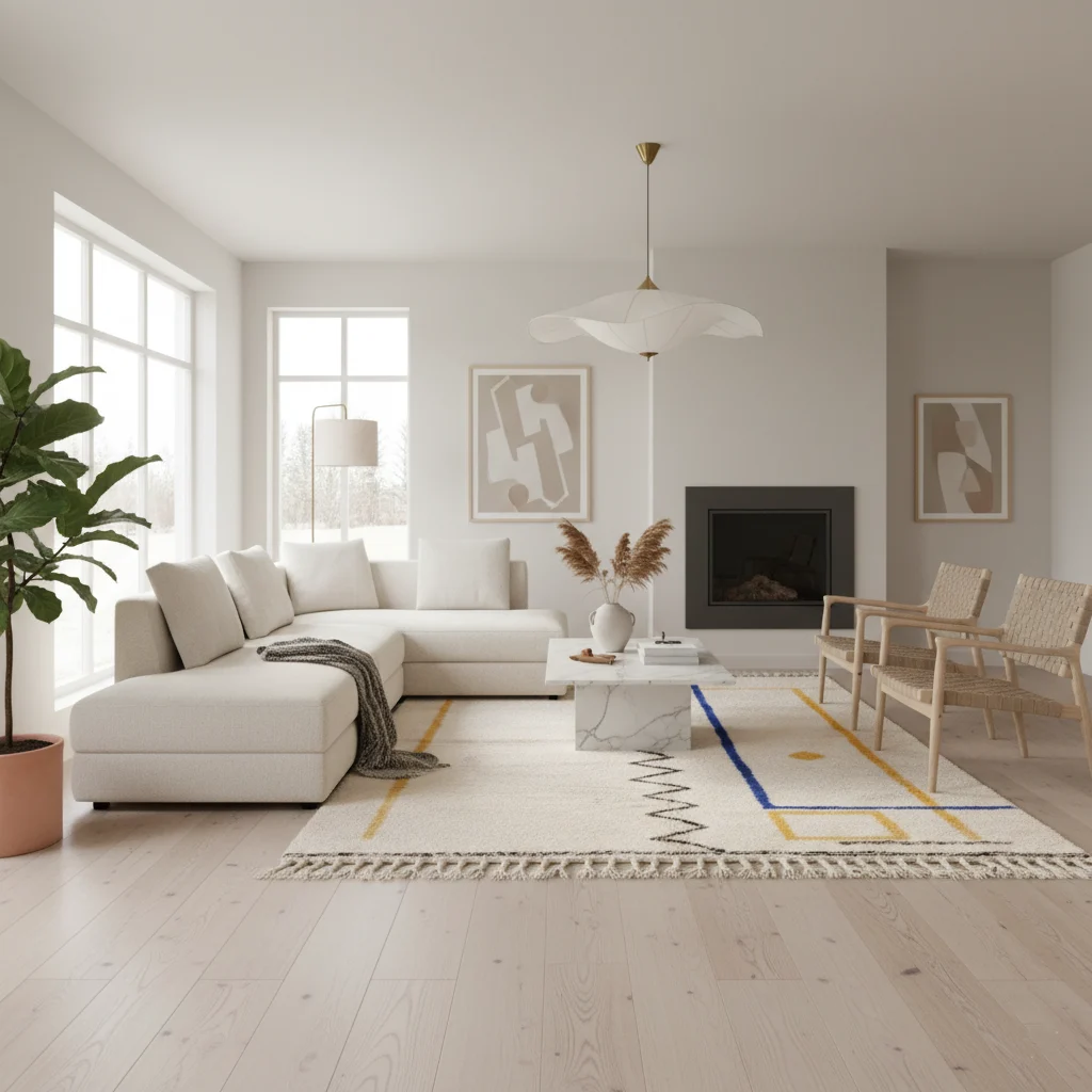Ivory Azilal style rug with blue and yellow lines in a bright living room with a white sectional and fireplace.