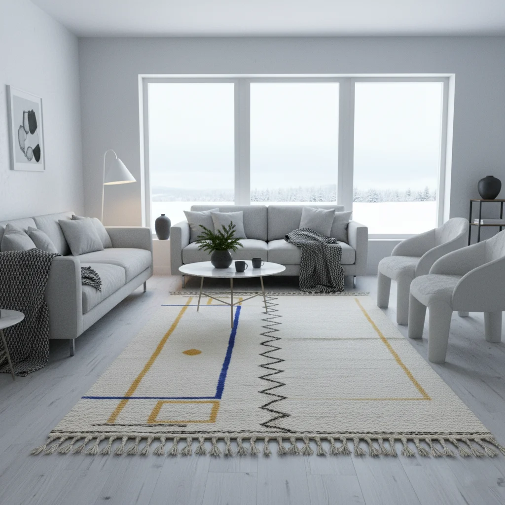 Ivory wool rug with colorful geometric lines in a modern gray living room with large windows.