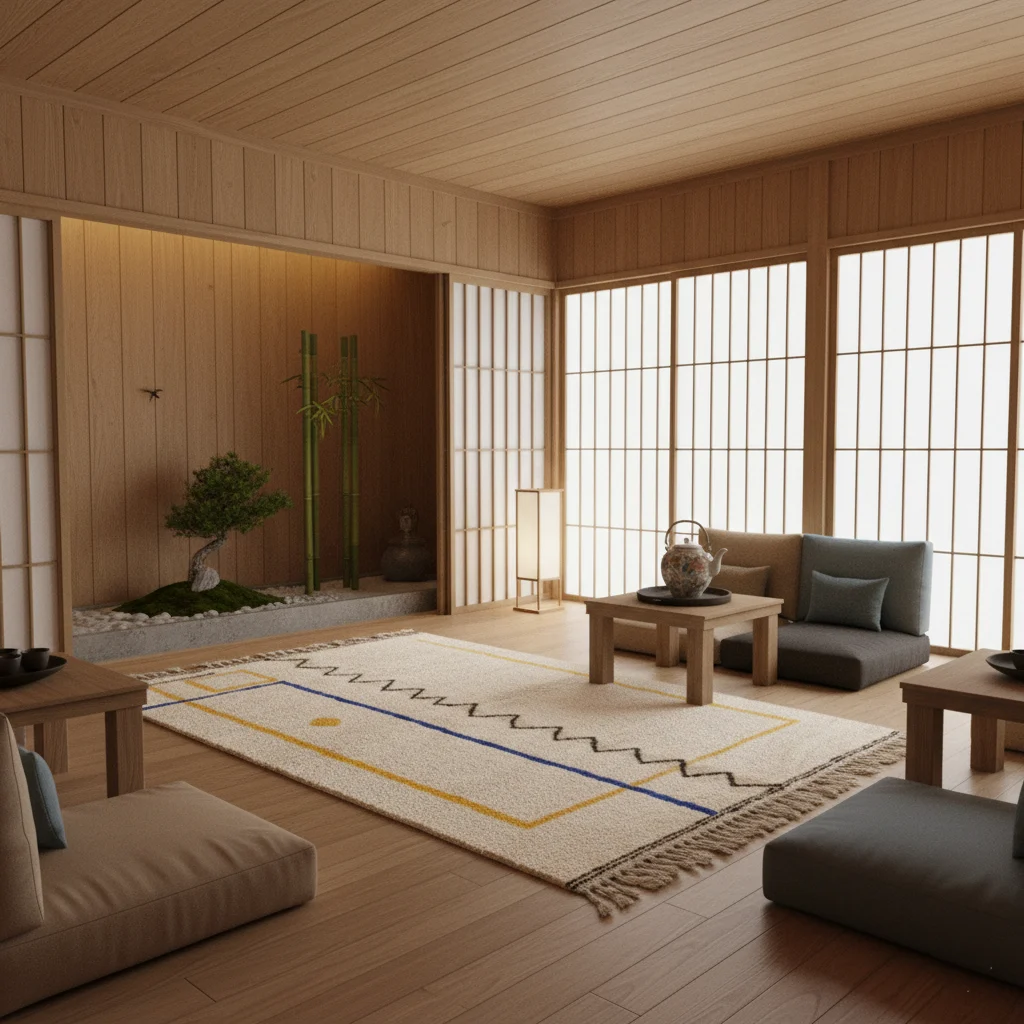 Ivory Moroccan rug with blue and yellow accents in a Japandi living room with wood walls.