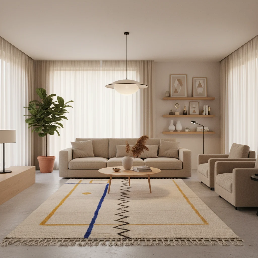 Ivory abstract rug with a black zigzag beneath a coffee table in a calm beige living room.