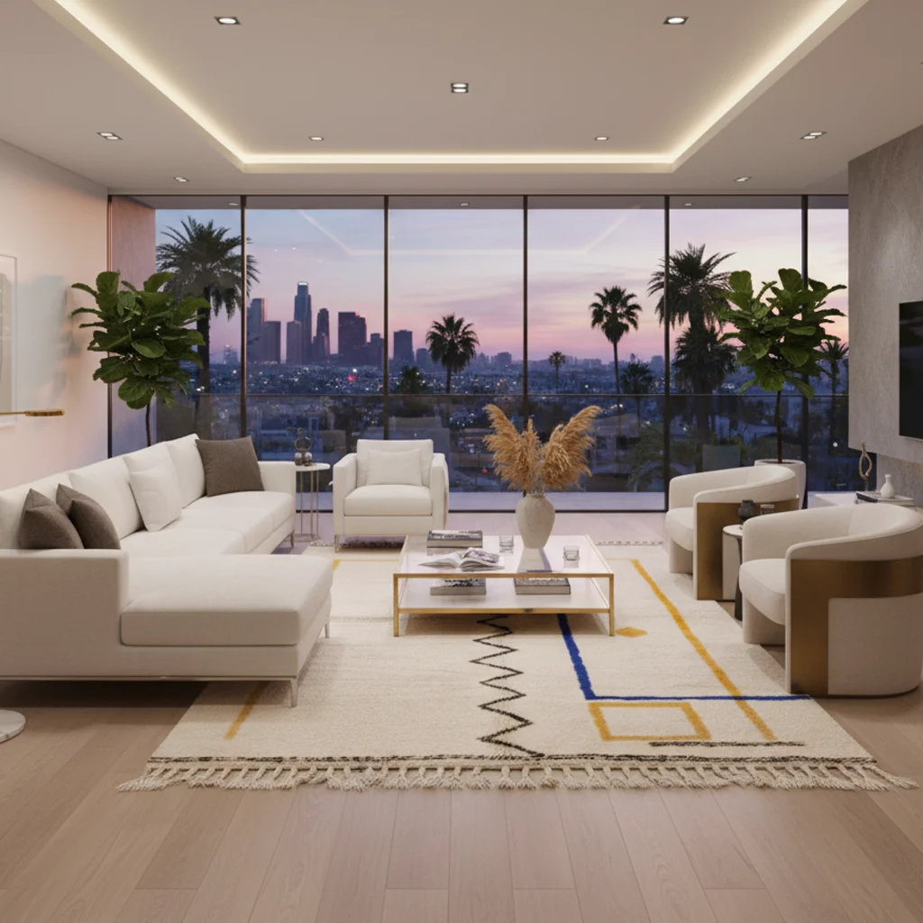 Ivory Azilal style rug in a modern living room with a city skyline and palm trees at sunset.