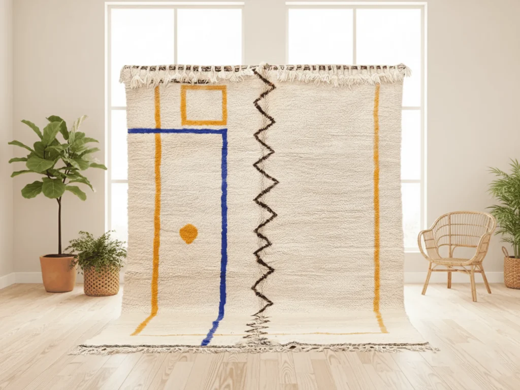 Azilal Style Moroccan Wool Rug – Blue & Yellow Abstract Geometry
