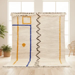 Azilal Style Moroccan Wool Rug – Blue & Yellow Abstract Geometry