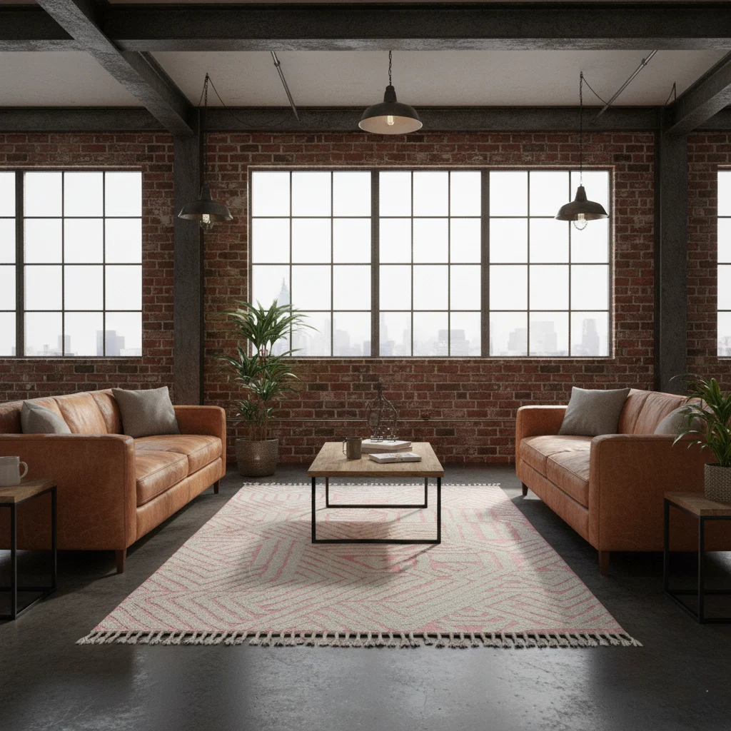 Pink and sage geometric rug in an industrial loft living room with leather sofas.