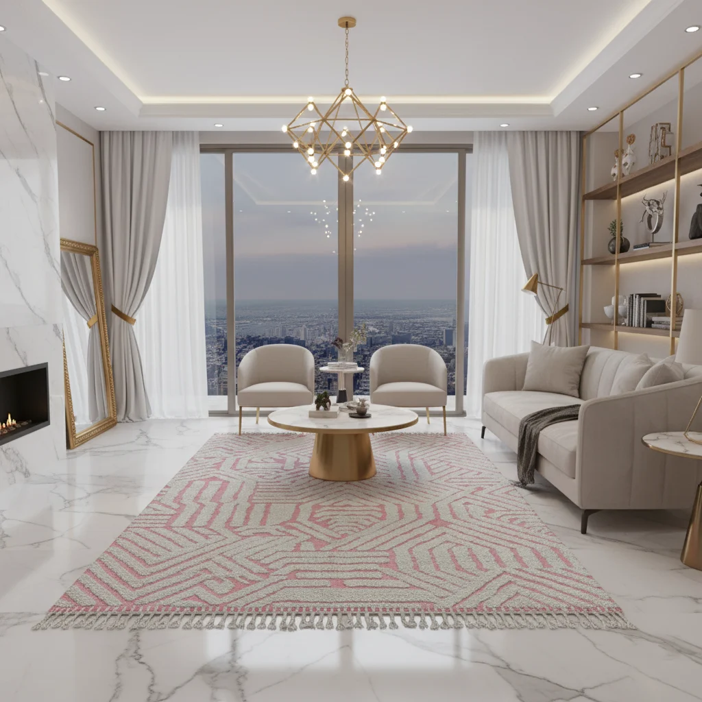 Pink and sage geometric rug in an elegant living room with a chandelier and sea view.