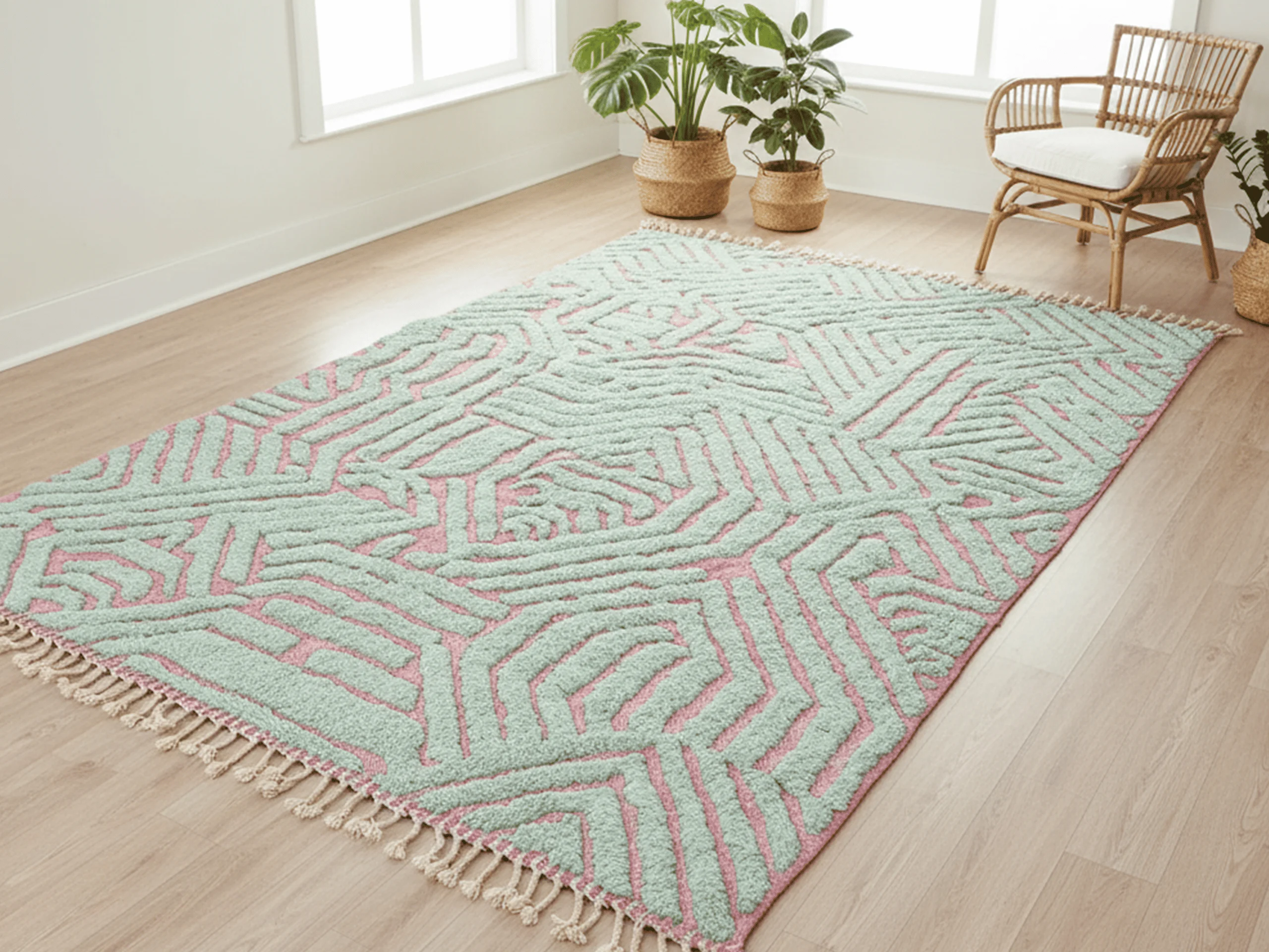 Pink and sage geometric wool rug laid on a light wood floor in a sunlit room with plants and a rattan chair.