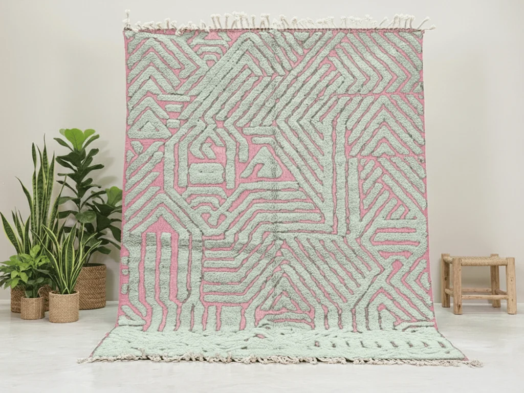 Azilal Style Moroccan Wool Rug – Pink & Sage Sculpted Geometry