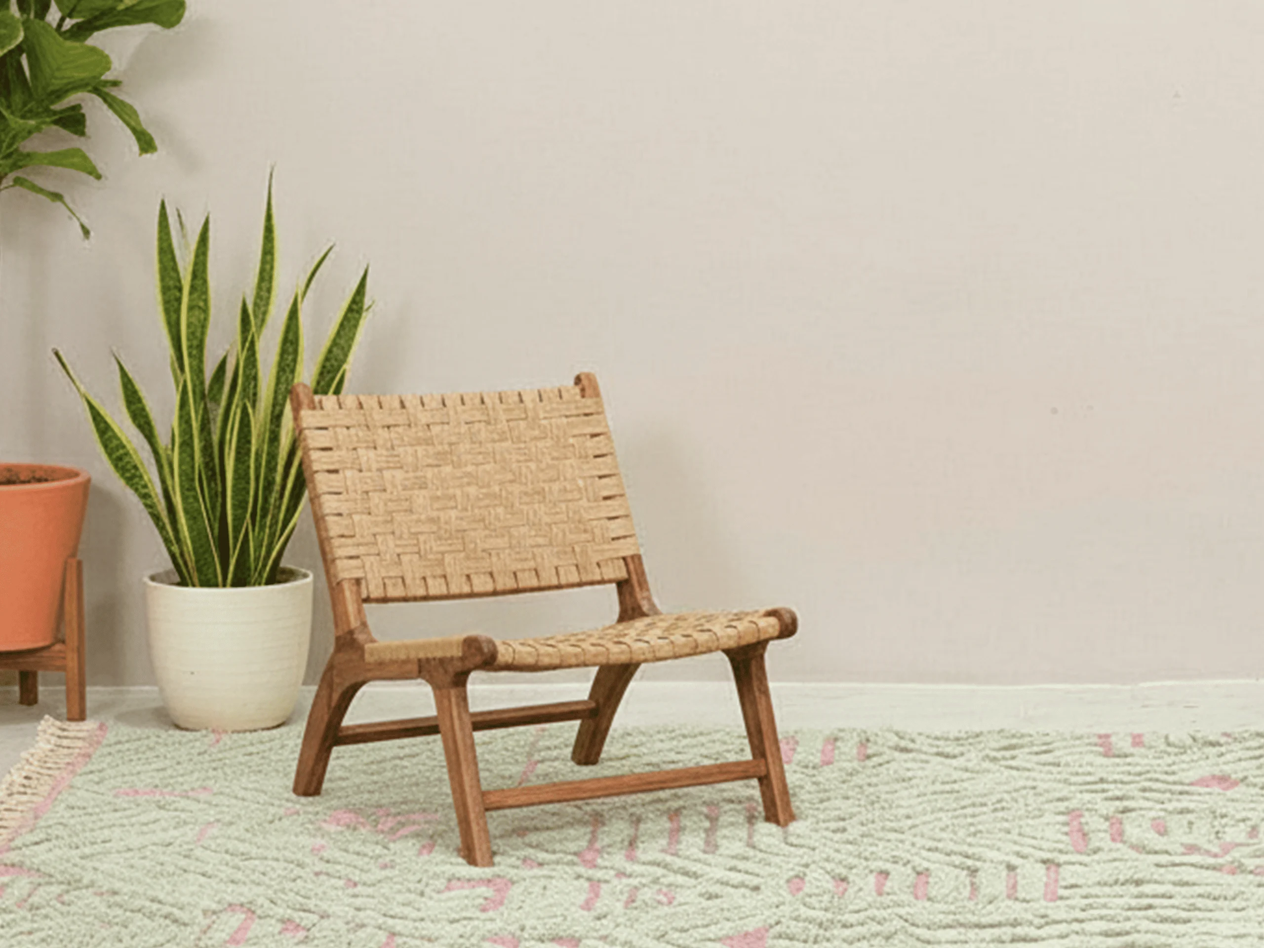 Pink and sage geometric rug beneath a woven lounge chair beside a snake plant.