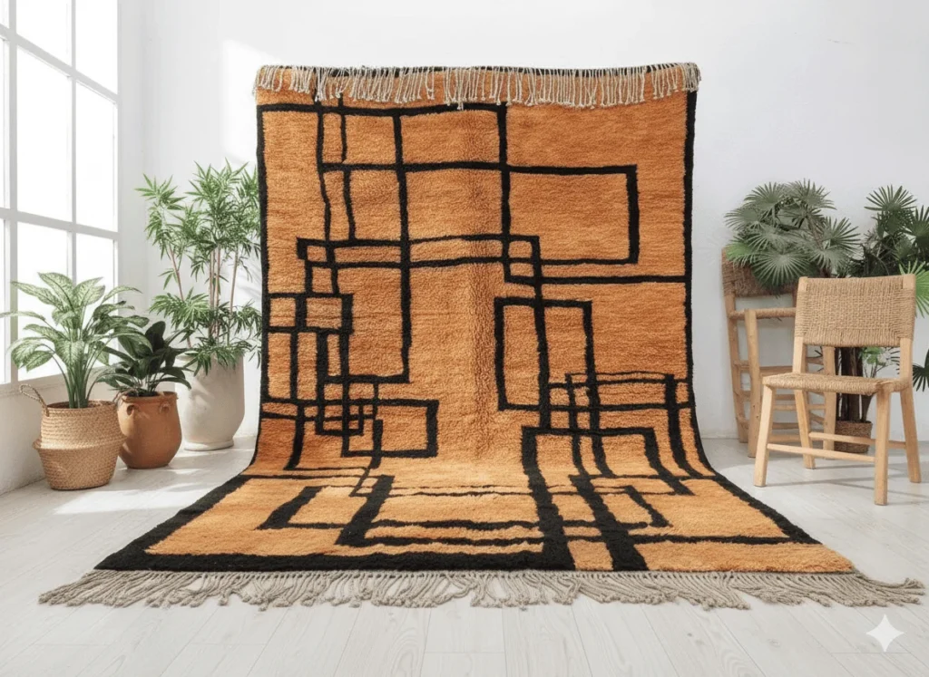 Moroccan Area Rug – Orange & Black Abstract Geometry – Handmade Wool