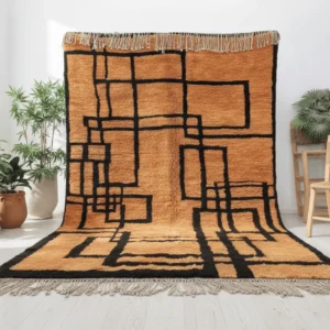Moroccan Area Rug – Orange & Black Abstract Geometry – Handmade Wool