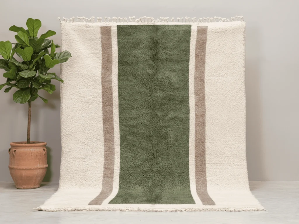 Moroccan Area Rug – Olive Green & Cream Stripes – Handmade Wool