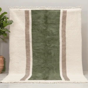 Moroccan Area Rug – Olive Green & Cream Stripes – Handmade Wool