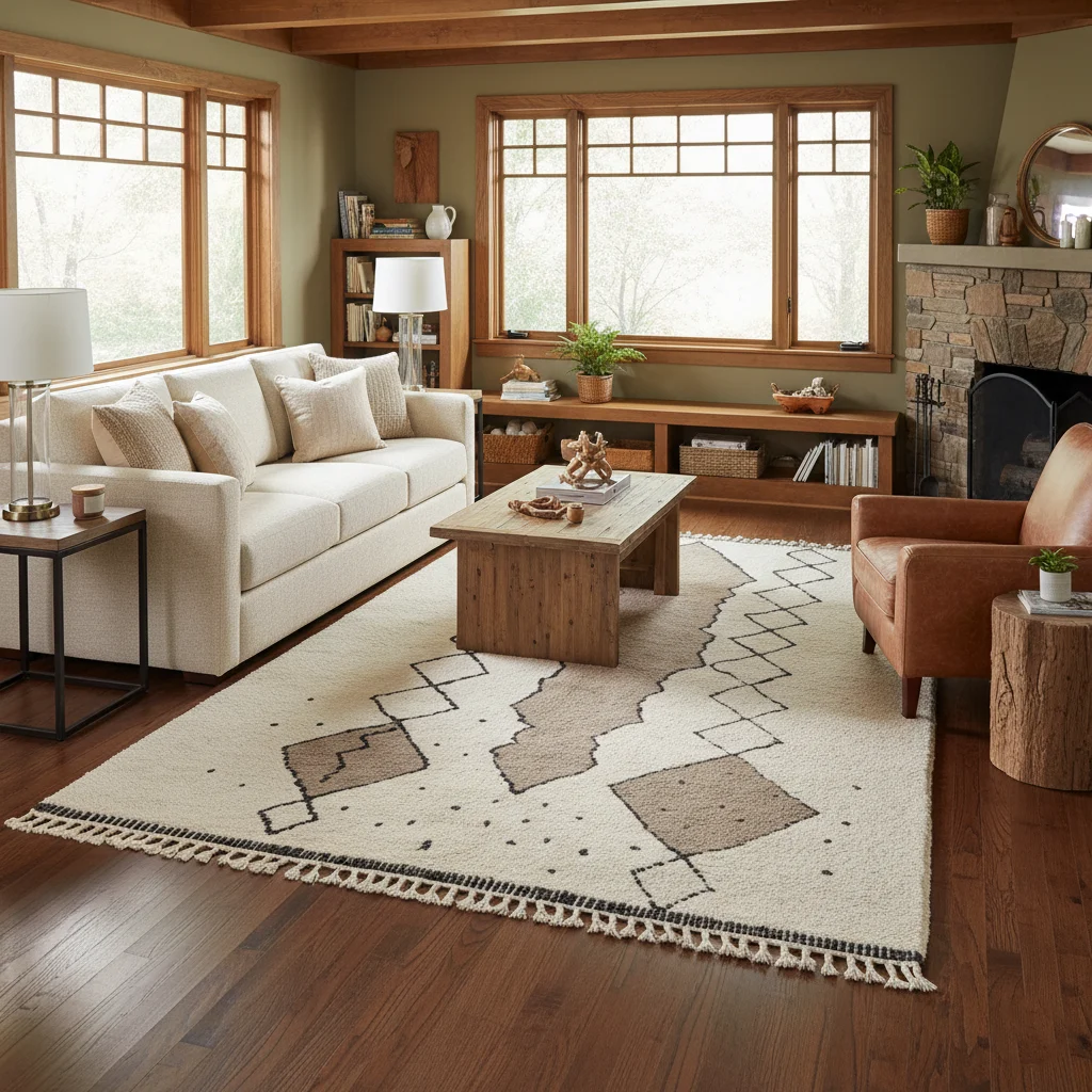 Ivory and taupe diamond rug in a warm living room with a white sofa and fireplace.
