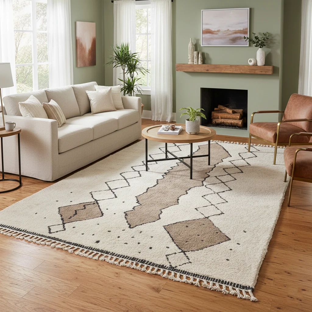 Ivory and taupe Moroccan rug in a sage green living room with a fireplace.