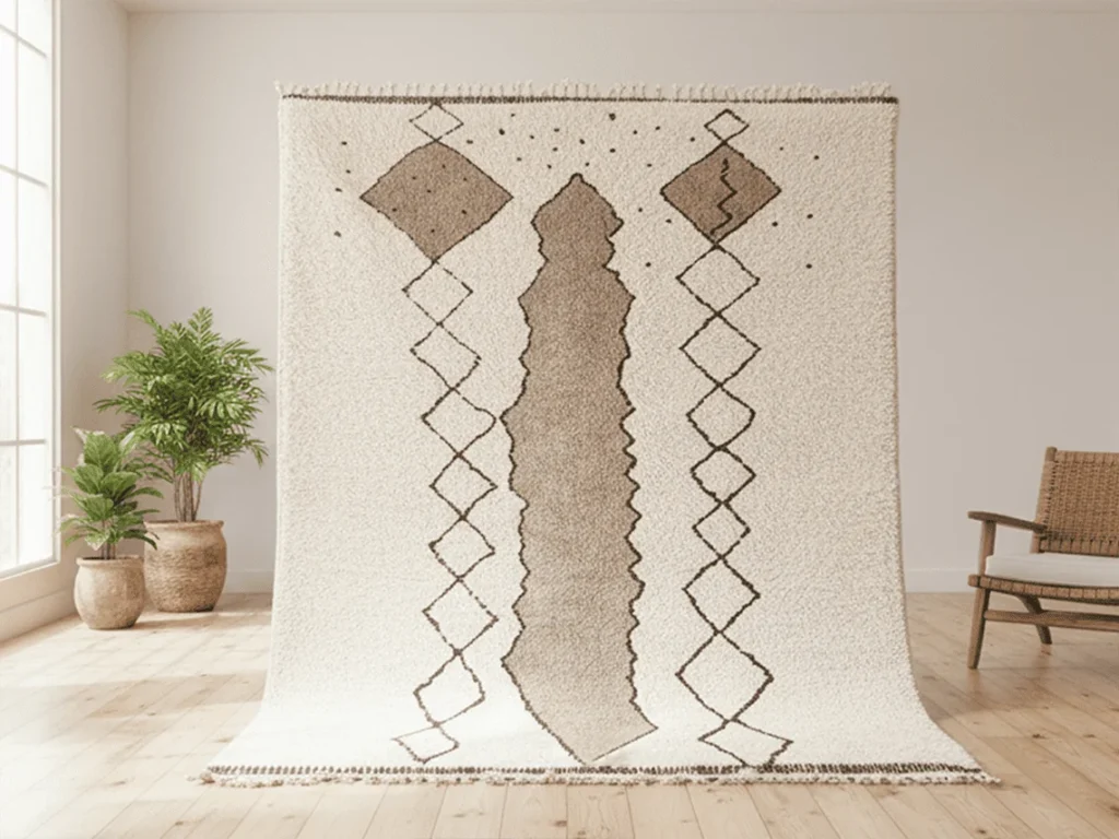 Moroccan Area Rug – Ivory & Taupe Diamond Motifs – Handmade Wool