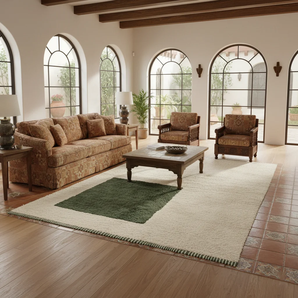 Ivory and green color block rug in a Spanish style living room with arched windows.