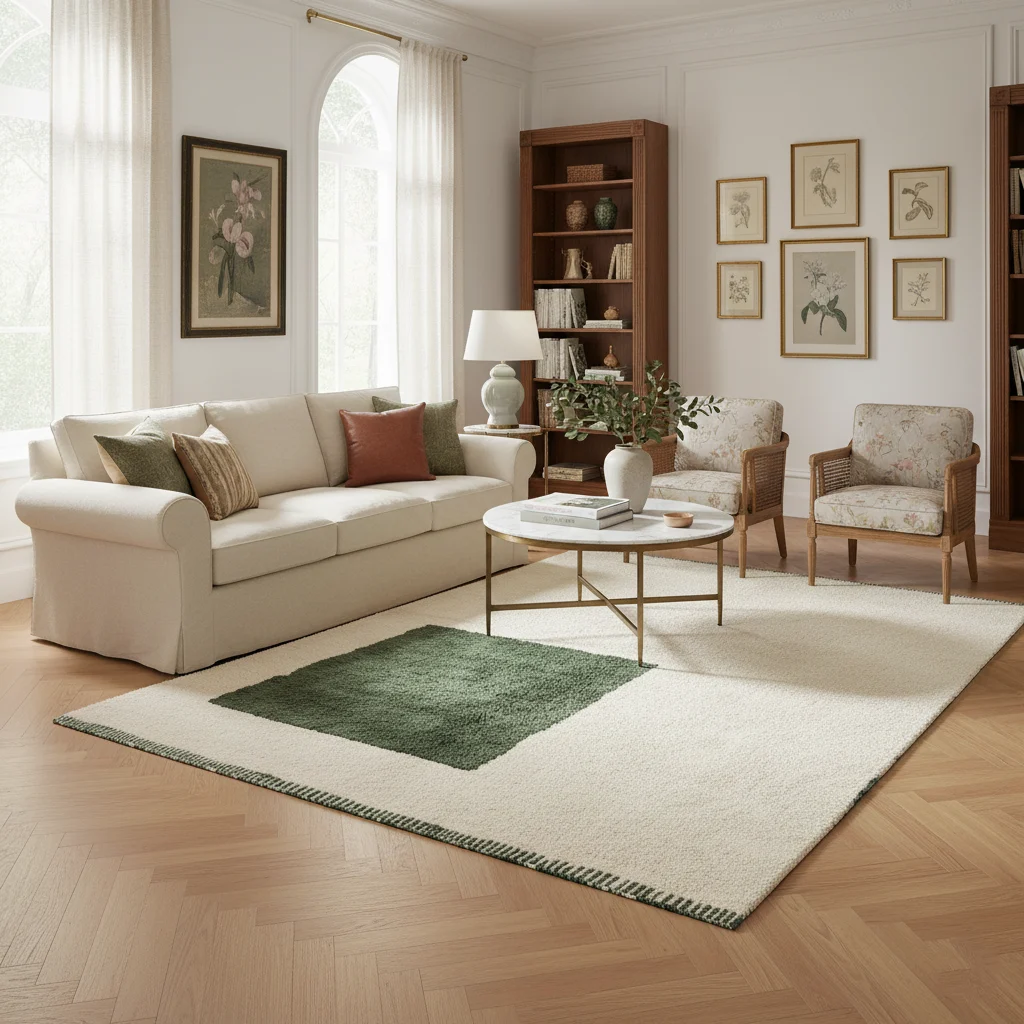 Ivory and green wool rug in a classic living room with a cream sofa and bookshelf.