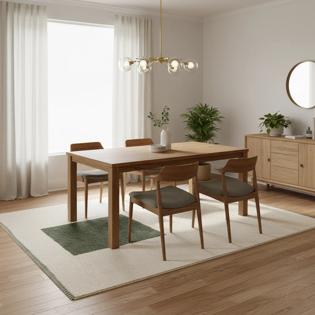 Ivory rug with green block beneath a wood dining table and chairs.
