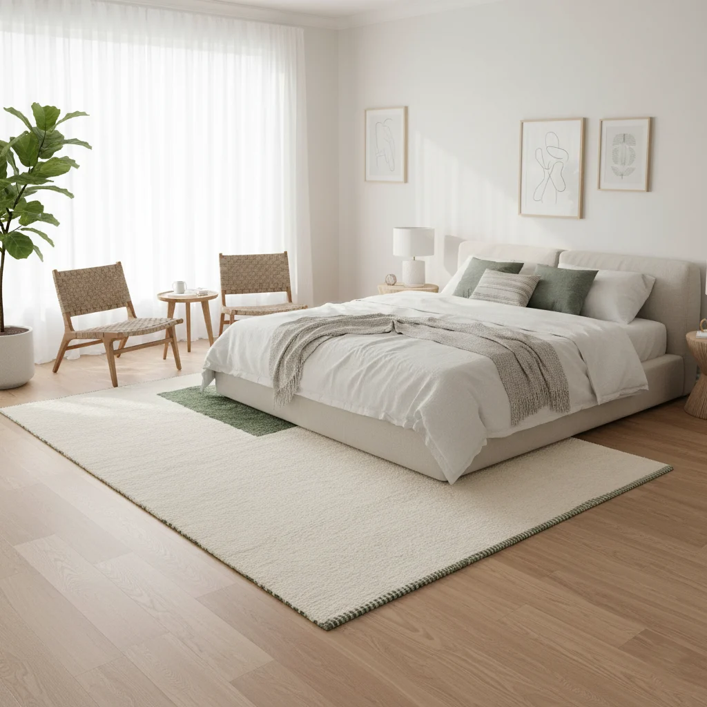 Ivory and green minimalist rug beside a bed in a bright bedroom.