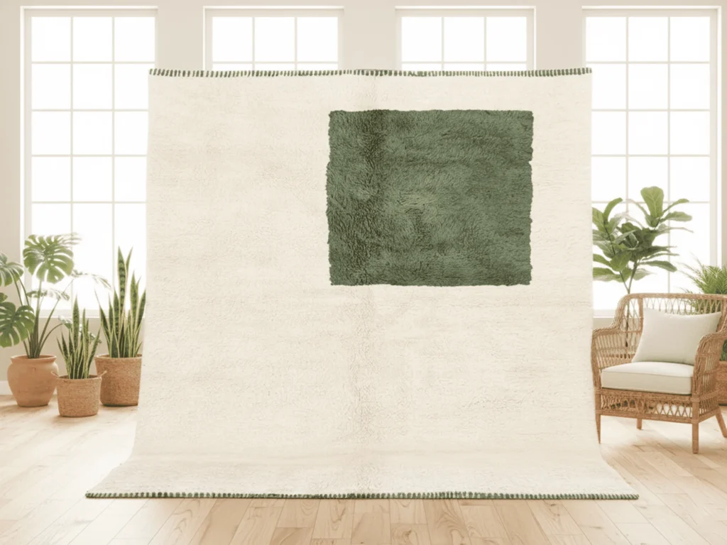 Moroccan Area Rug – Ivory & Green Color Block – Handmade Wool