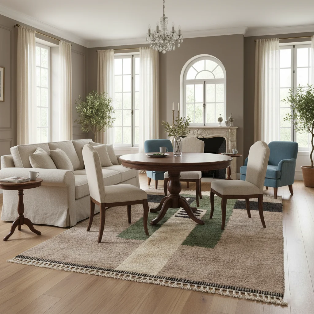 Green and taupe block rug beneath a round dining table in an elegant room.