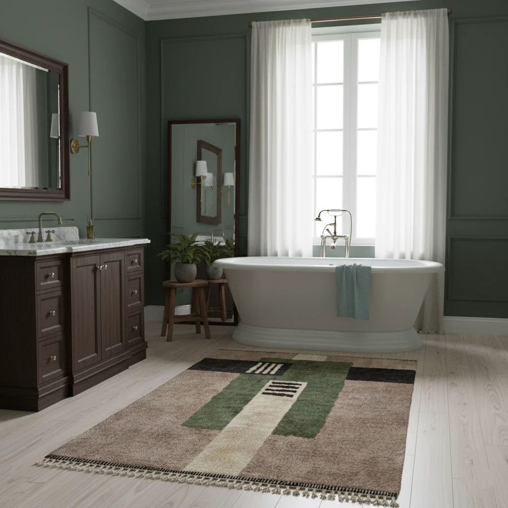 Green and taupe Moroccan rug in a dark green bathroom with a freestanding tub.