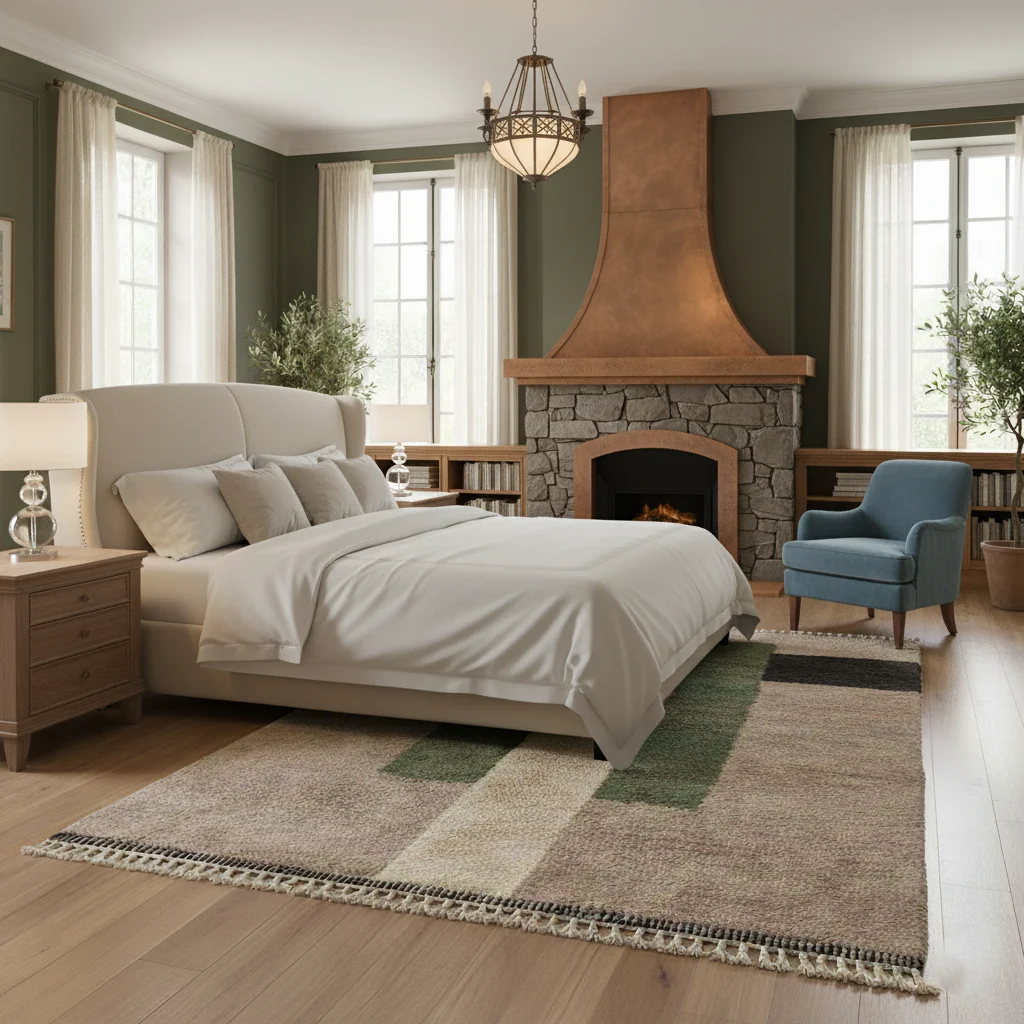 Green and taupe block rug at the foot of a bed in a bedroom with a copper fireplace hood.