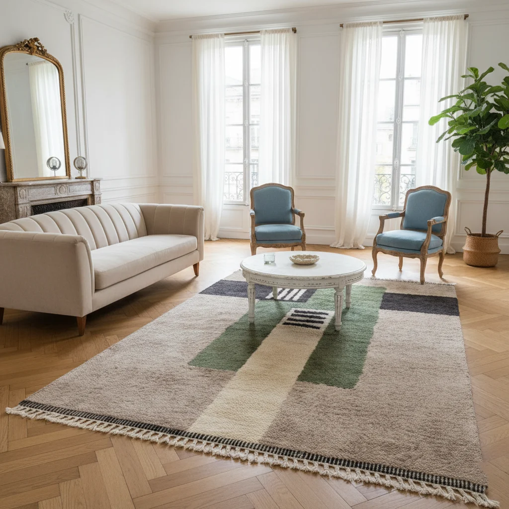 Green and taupe abstract rug in a bright living room with blue armchairs.