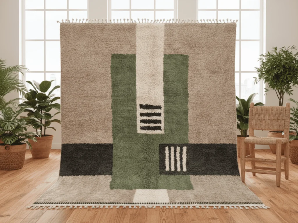 Moroccan Area Rug – Green & Taupe Abstract Blocks – Handmade Wool