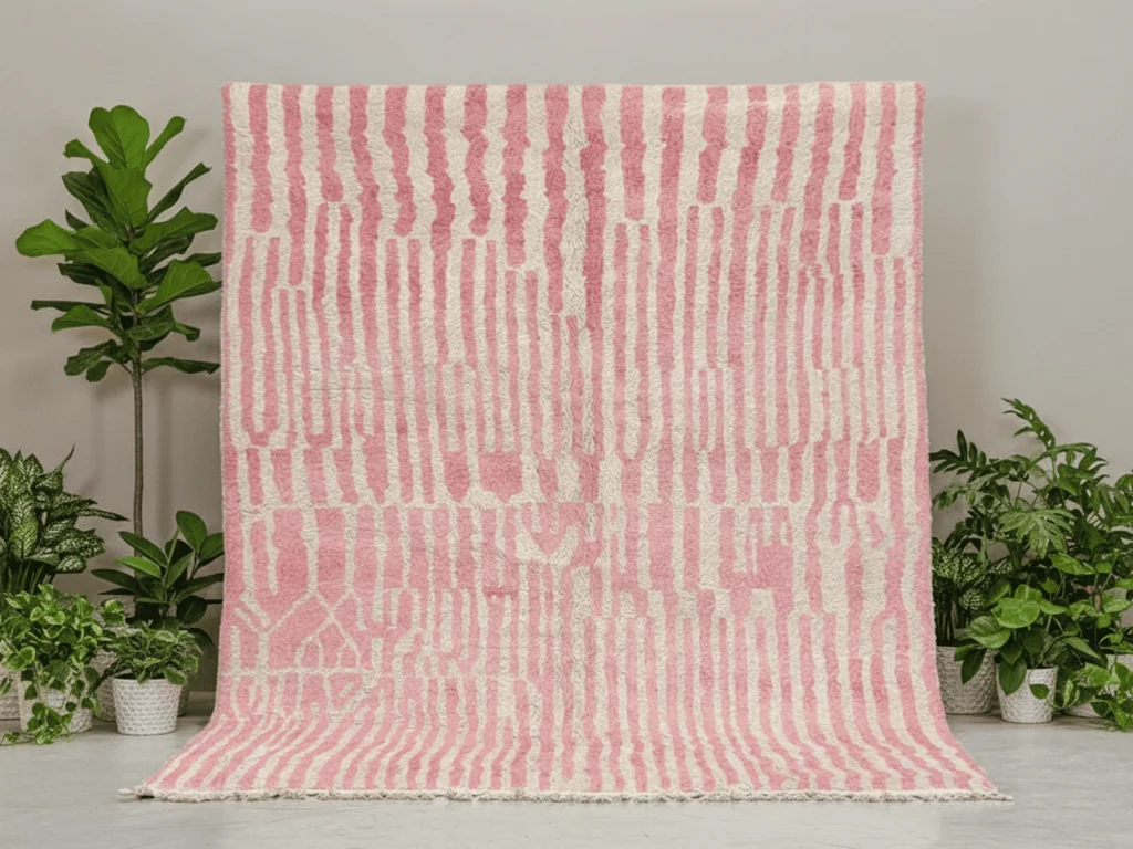 Moroccan Area Rug – Pink & Ivory Abstract Stripes – Handmade Wool