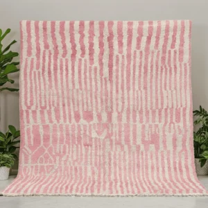 Moroccan Area Rug – Pink & Ivory Abstract Stripes – Handmade Wool