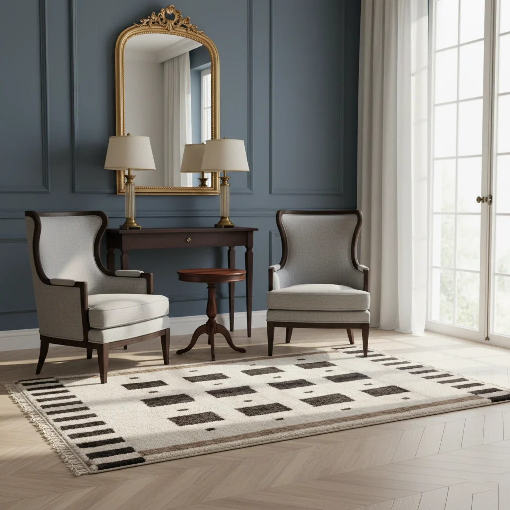 Black and ivory geometric rug in a navy sitting room with white armchairs and a gilded mirror.