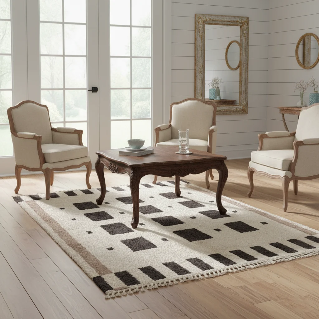 Black rectangle motif rug beneath a dark wood coffee table in a classic living room.