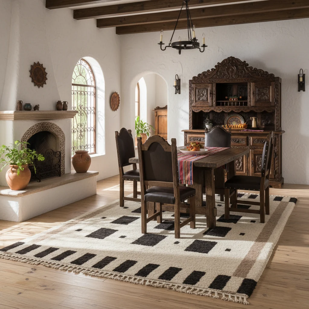 Black and ivory rug beneath a dining table in a Mediterranean room with wood beams.