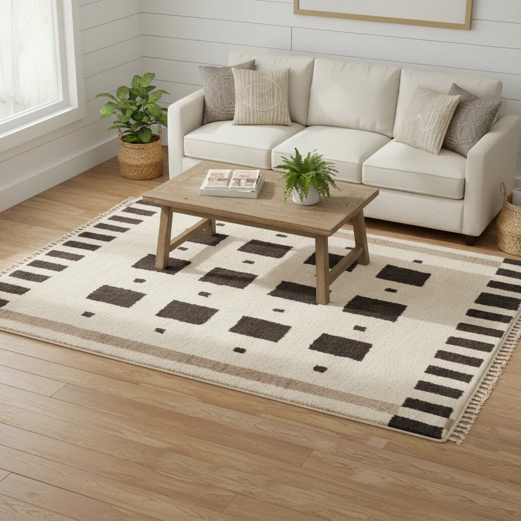 Black and ivory block motif rug beneath a coffee table and white sofa.