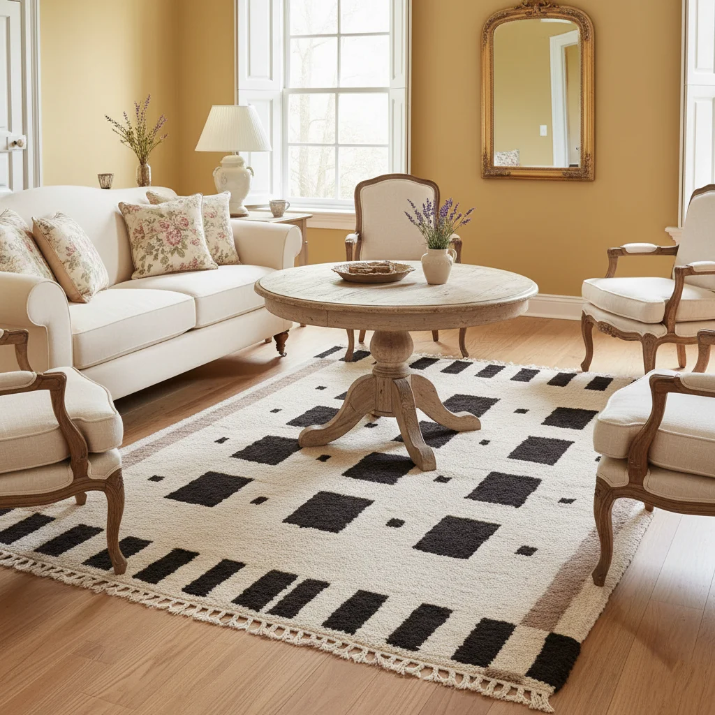 Black and ivory geometric rug in a warm living room with a round table and cream sofa.
