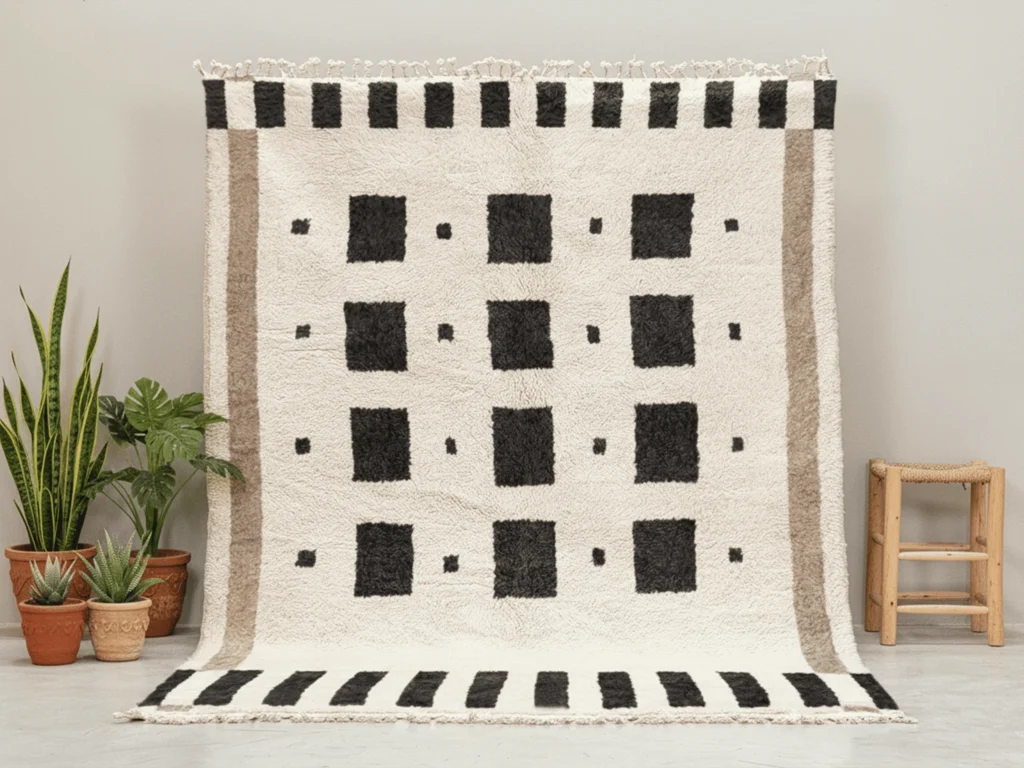 Moroccan Area Rug – Black Rectangles & Ivory Geometry – Handmade Wool