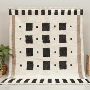 Moroccan Area Rug – Black Rectangles & Ivory Geometry – Handmade Wool