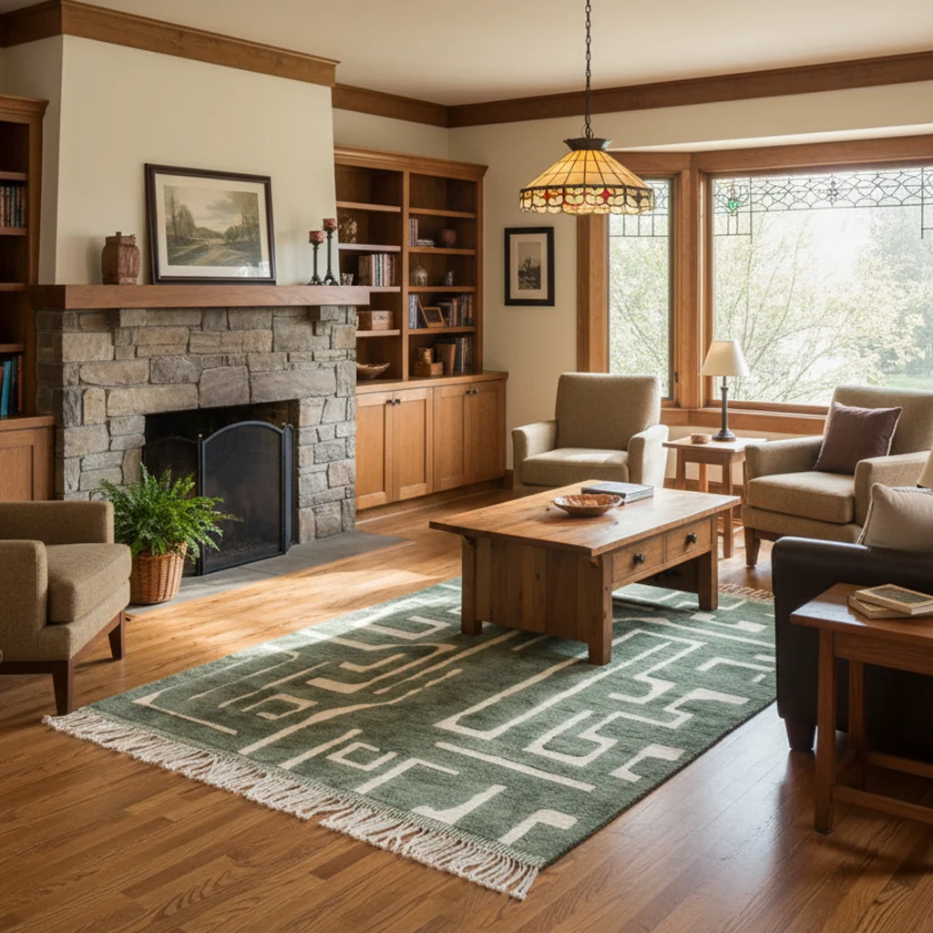 Green relief maze rug beneath a wood coffee table beside a stone fireplace.