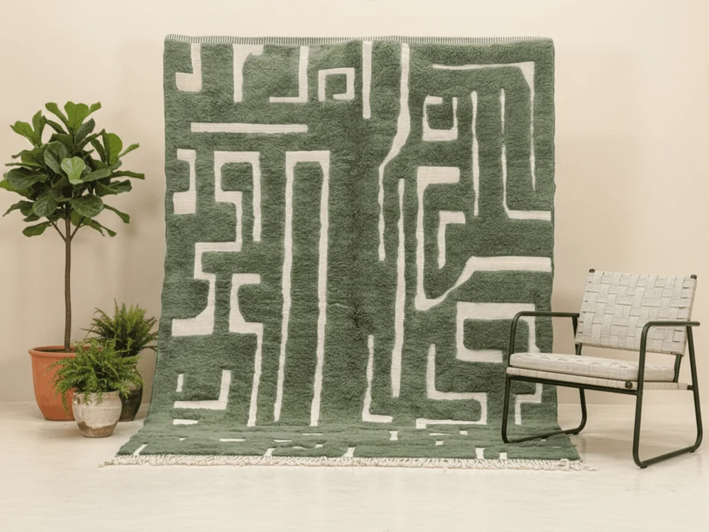 Tazrirt Moroccan Area Rug – Green & Beige Relief Maze – Handmade Wool