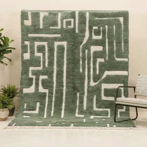 Tazrirt Moroccan Area Rug – Green & Beige Relief Maze – Handmade Wool