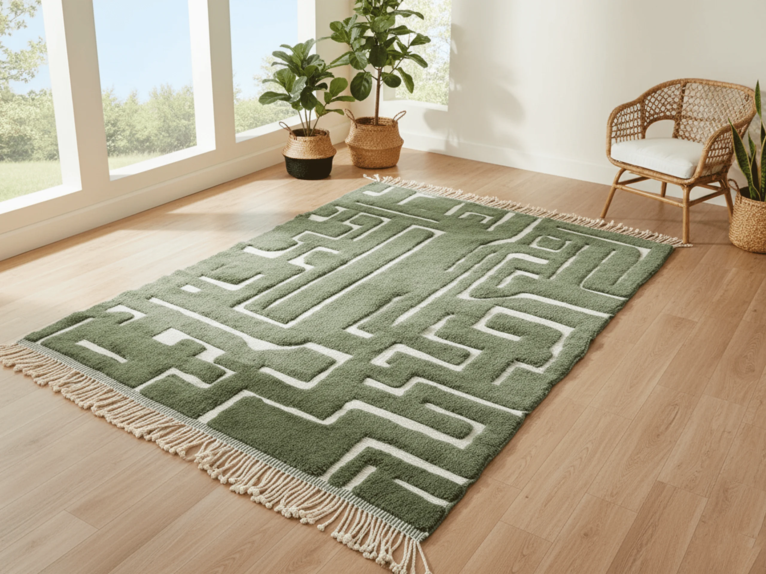 Green and beige maze rug laid diagonally on a wood floor in a sunlit room with plants.
