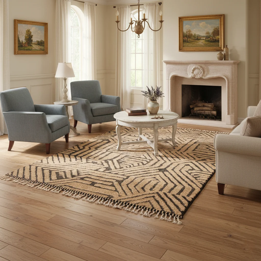 Peach and charcoal geometric rug between blue armchairs and a stone fireplace on a wood floor.
