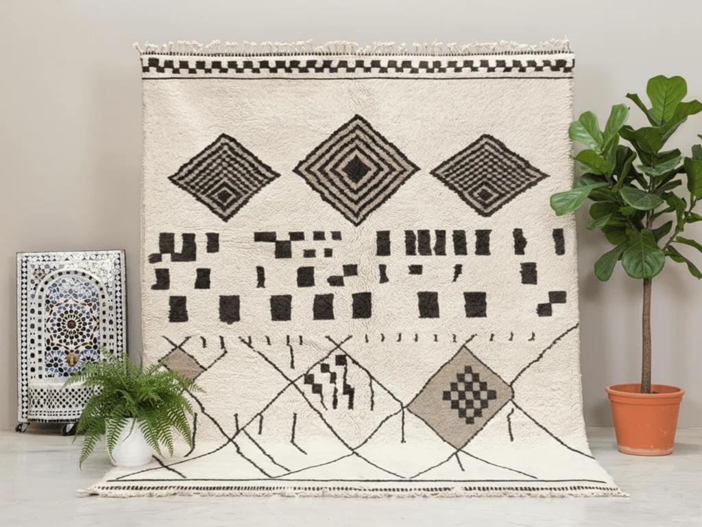 Tazrirt Moroccan Area Rug – Ivory & Black Diamonds and Checks – Handmade Wool