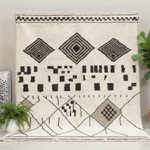 Tazrirt Moroccan Area Rug – Ivory & Black Diamonds and Checks – Handmade Wool