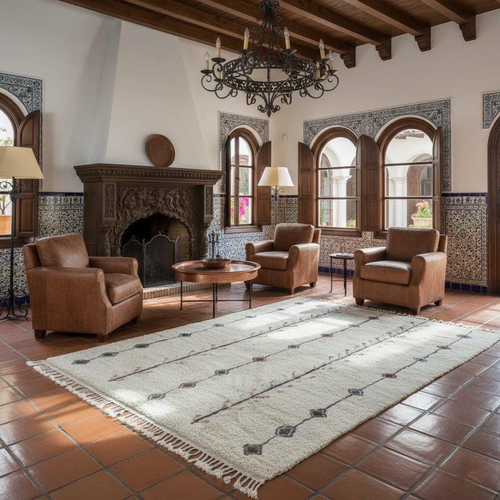 Ivory diamond-line rug on terracotta tiles in a room with leather armchairs, a carved dark fireplace and patterned wall tiles.