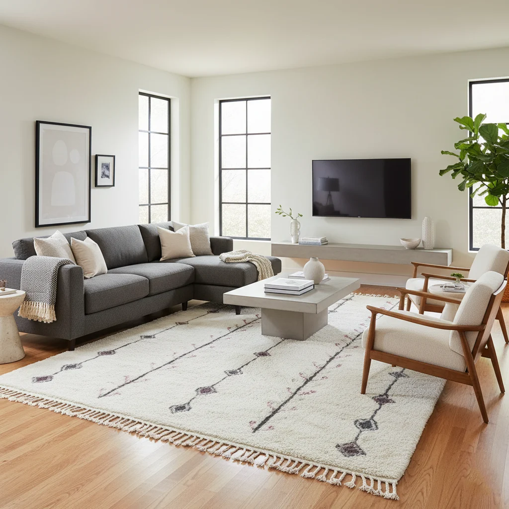Ivory diamond-line rug in a modern living room with a charcoal sectional, concrete coffee table and black-framed windows.