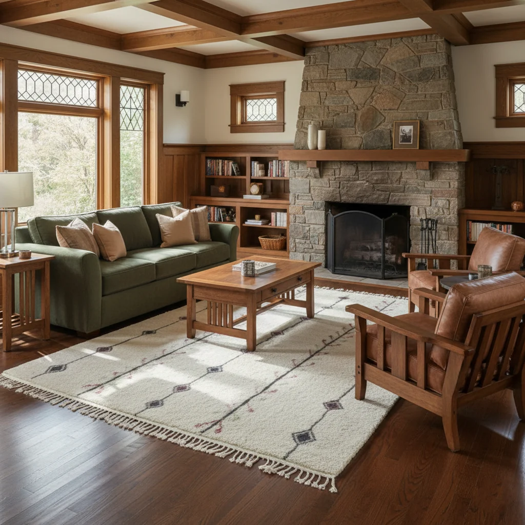 Ivory diamond-line rug in a wood-beamed room with a stone fireplace, green sofa and leather armchair.