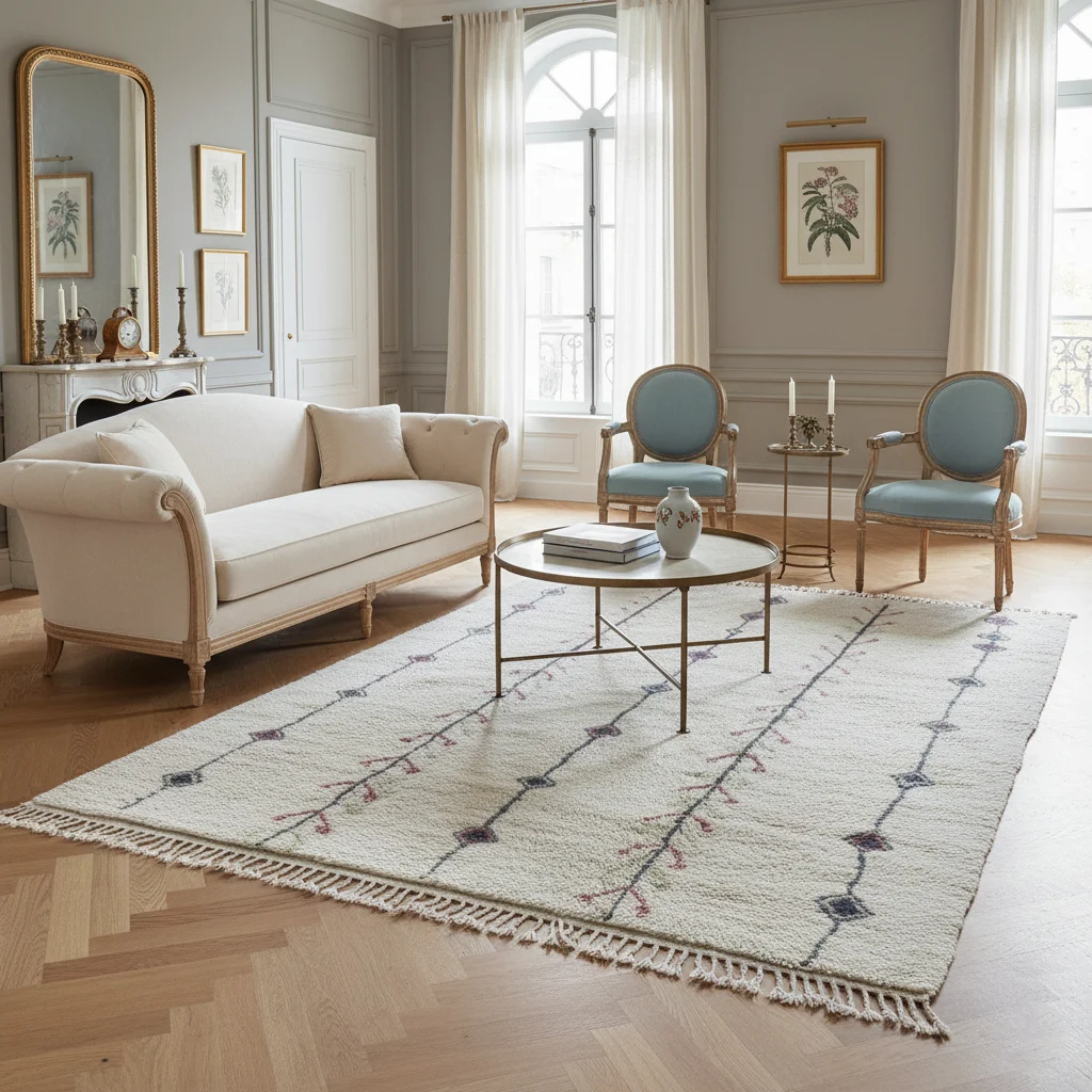 Ivory diamond-line rug in a gray paneled salon with a cream sofa and blue armchairs on herringbone parquet.